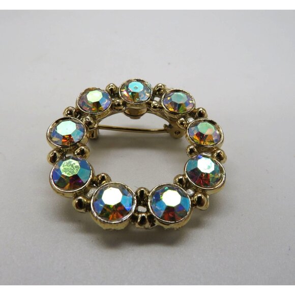Vintage Brooch Aurora Borealis Crystal Circle Brooch Gold Tone Pin - Picture 2 of 13